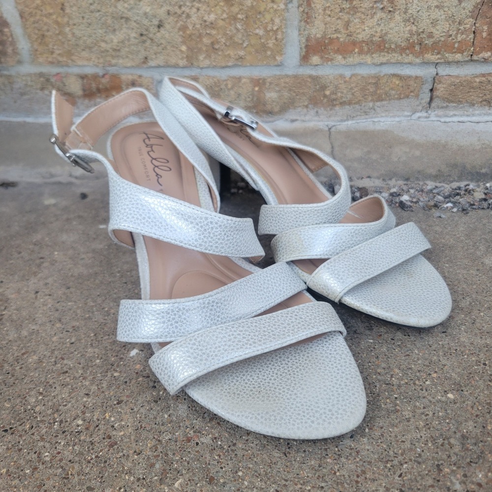 Abella Francine Sandals Womens 9M White Silver Shimmer Strappy Slingback Heel
